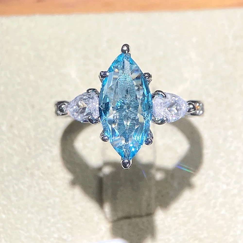 Marquis Cut Aquamarine Simulated Silver Filled Cz Ring